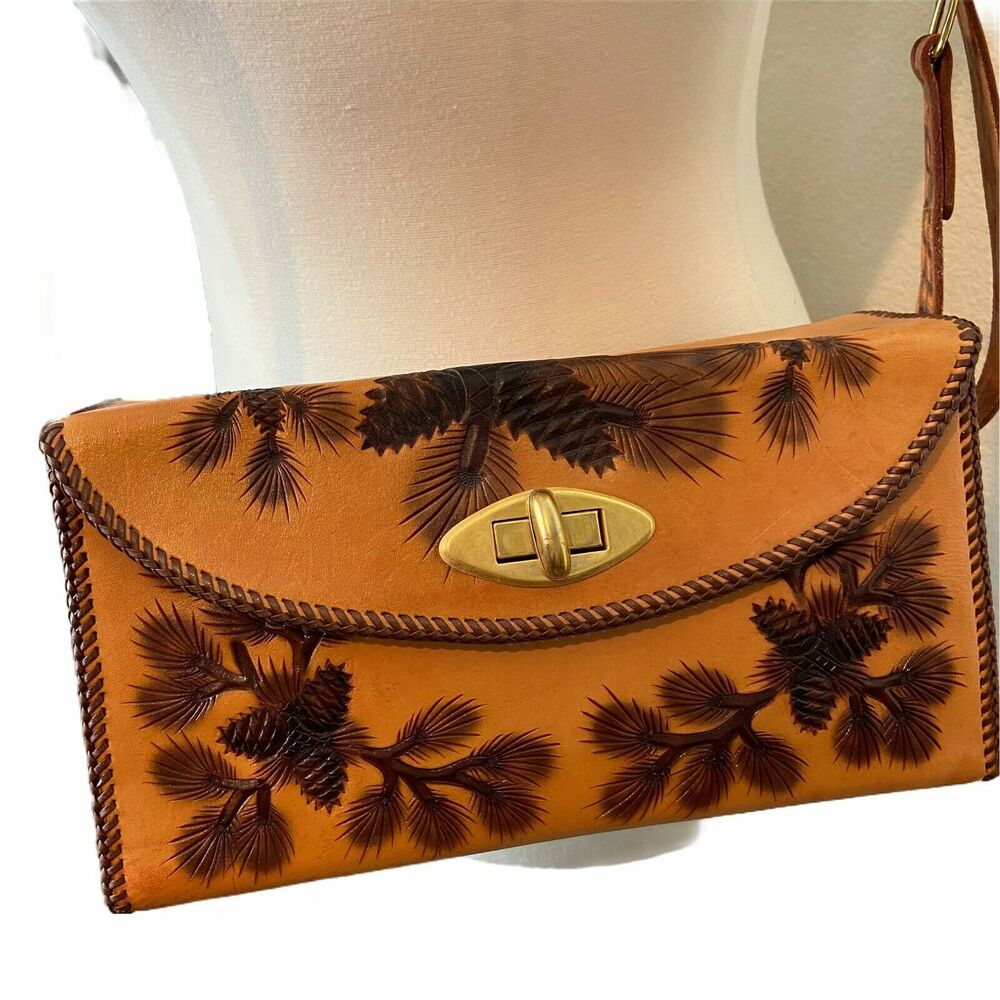 Tooled Leather Purse Handbag Women Handmade Pine Cone Brown Leather 60 70s Retro